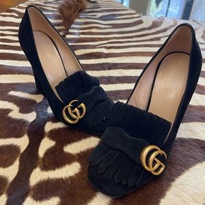 Gucci GG Marmont suede Fringe Block Heels Pump Shoes Size  37.5 Kiltie Loafers